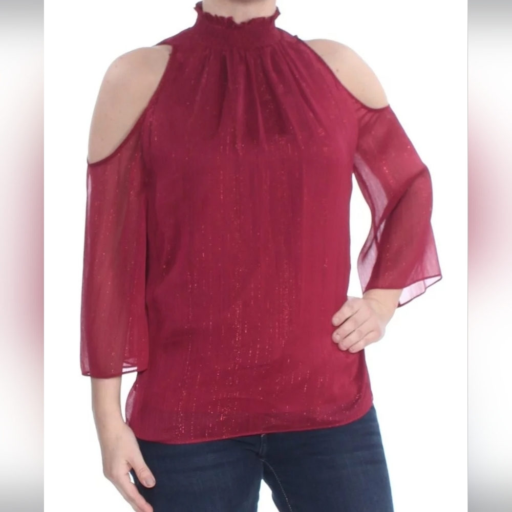 Rachel Zoe burgundy metallic cold shoulder blouse S - Picture 14 of 15